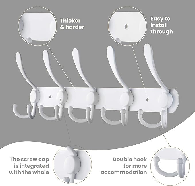 Coat Rack Wall Mounted,5 Tri Stainless Steel Coat Hook for Coat Hat Robes Towel in Mudroom Entryway (White, 1 Pack 5 Hook)-NeatNest