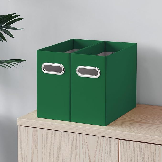 Oterri File Organizer, 4 Packs Small Storage Box, Cardboard File Folder Organizer, Collapsible File Box for Hanging File Folders Letter Size, Portable Filing Organizer with Handle (Dark Green)