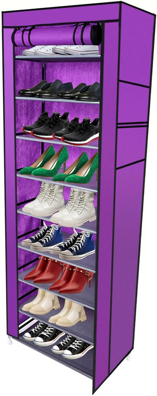10 Tiers Shoe Rack with Dustproof Cover 27 Pair Shoe Tower Stand Sturdy Shelf Storage Organizer Cabinet Perfect for Bedroom, Closet, Entryway, Dorm Room (Purple)-NeatNest