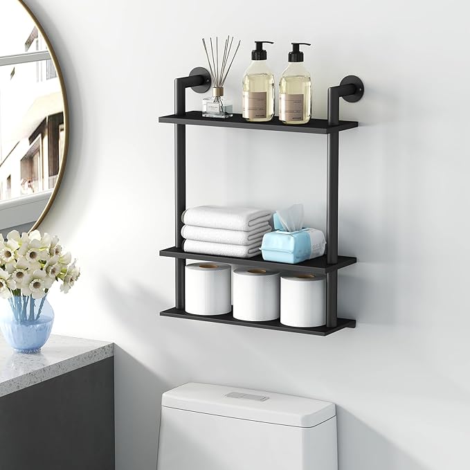 Floating Shelves, Wall Mounted Metal Floating Shelves Black with Frame and Towel Rack for Bathroom, Living Room, Bedroom, Kitchen