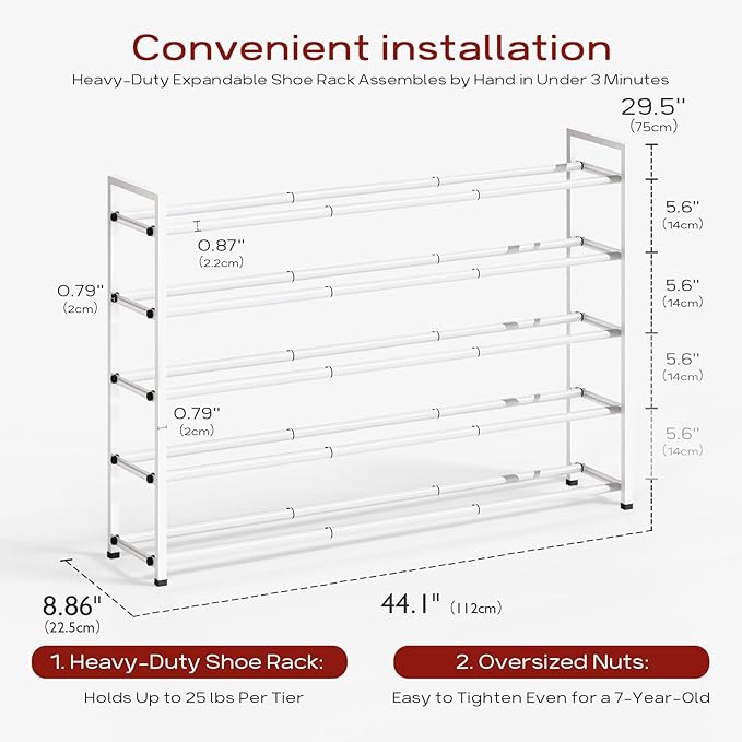 Bumusty 5-Tier Long Expandable Shoe Rack for Closet, 18"-44" Adjustable Shoe Rack for Entryway, 25-30 Pairs Large Shoe Organizer Shelf Storage, Sturdy Metal, White-NeatNest