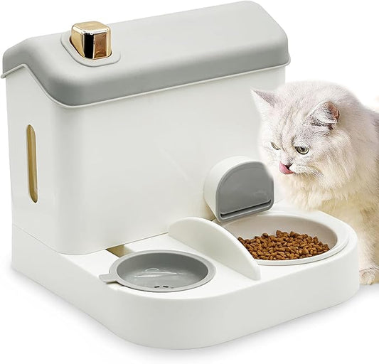 Fhiny Gravity Cat Feeder and Water Dispenser, 2 in 1 Gravity Feeder Cat Dry Food & Waterer Removable Ceramic Bowl Pet Food Storage Self Feeding Station for Indoor Cat Kitten Puppy Easy Clean (Grey)-NeatNest