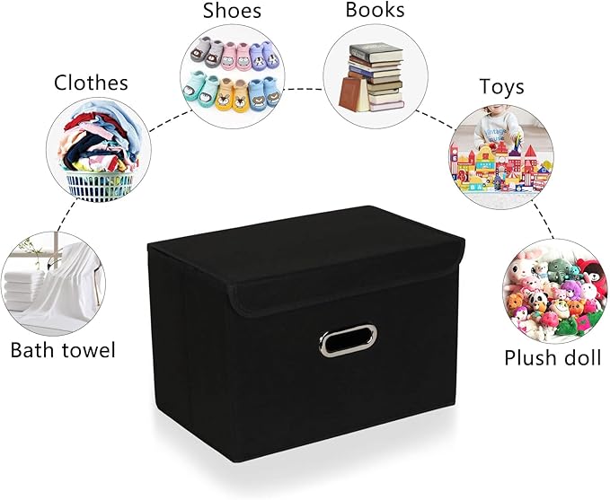 4-Pack Large Collapsible Storage Bins with Lids,Fabric Storage Cubes Organizer for Shelves,Closet,Nursery,Foldable Cube Storage Baskets with Handles,Home Boxes (14.9"x9.8",Black)