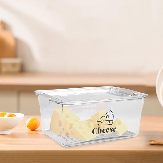 Cheese Container Airtight with Draining Basket Cream Cheese Sliced Cheeses Box with Lid Saver for Fridge Cheeses Keeper Cream Block Shredded Storage Box Saver (Clear)-NeatNest