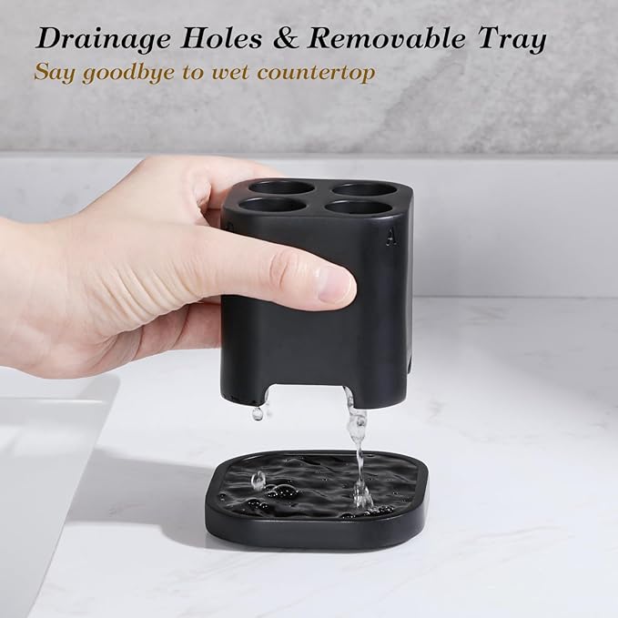 Luxspire Toothbrush Holder - 4 Slots, Character Marked, Drainage Hole & Tray, Non-Slip, Electric Toothbrush Head Holder, Toothbrush Holder for Bathroom, Matte Black