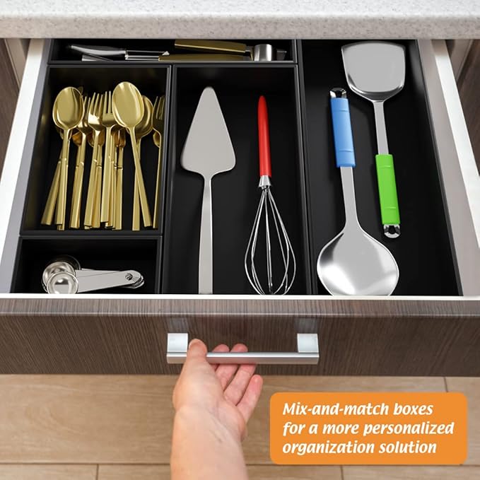Black Bamboo Drawer Organizer - Silverware&Utensil Holder Organizer for Kitchen Drawers, Multi-Use Drawer Dividers Boxes for Bathroom Counter，Cabinet, Garage, Office Desk, Makeup, Jewelry (9"6"2.5")-NeatNest
