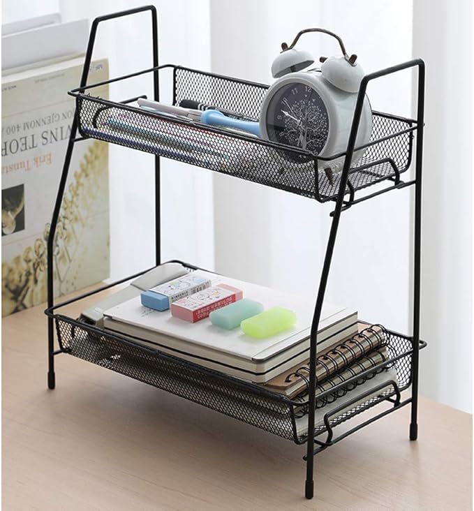 Metal 2 Tier Spice Storage Rack for Kitchen, Countertops, Cabinets, Organizer for Bathroom,Basket for Office and Home, Black