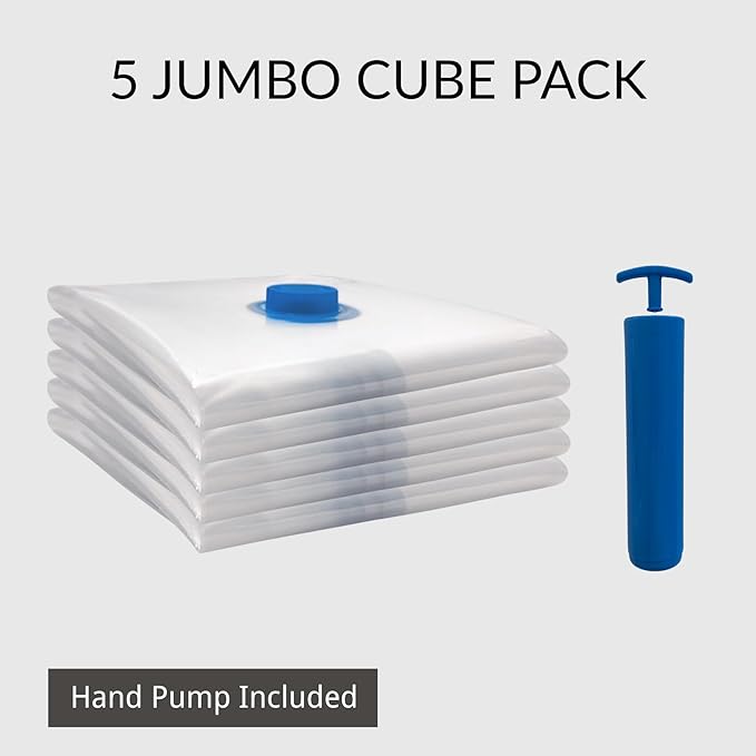 5 Jumbo Cube Vacuum Storage Bags, Supersized Square Bottom Design Compression Space Saver Bags for Comforters, Blankets, Duvets and Clothes, Durable Seal, Puncture Resistant, Hand Pump Included-NeatNest