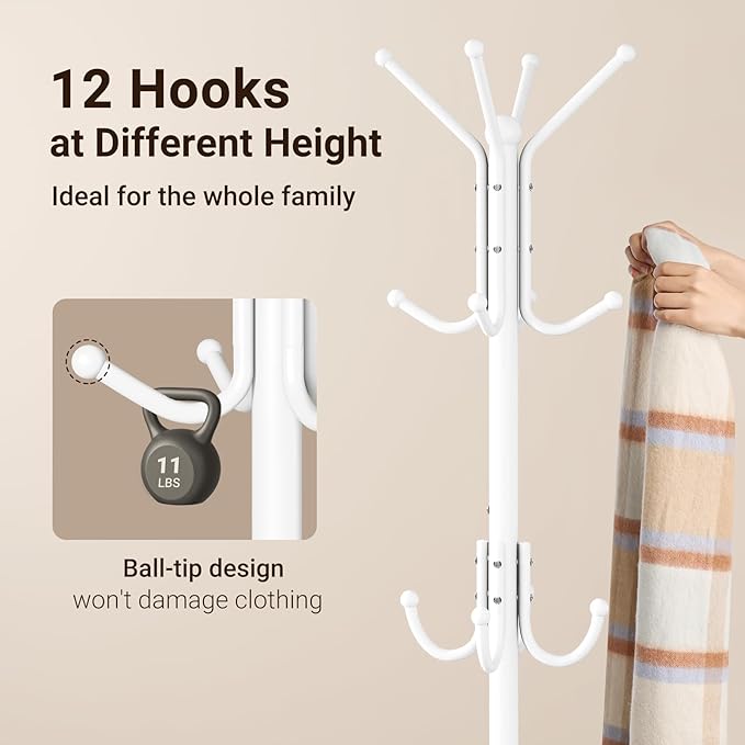ELYKEN Coat Rack Freestanding, Metal Coat Rack Stand with Umbrella Holder, Modern Coat Tree with 12 Hooks, Floor Standing Corner Hall Tree for Entryway Living Room Bedroom Office, White-NeatNest