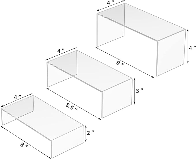 Clear Riser Shelf 3pcs, Desktop Rectangular Acrylic Display Shelves Organizer, Acrylic Stands for Funko Pop Figure, Perfumes, Bags, Shoes, Glasses, Plants, Toys, Collectibles - 8''x8.5''x9''-NeatNest
