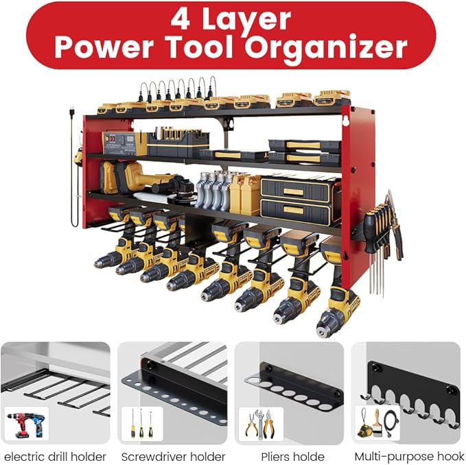 4 Layers Power Tool Organizer Wall Mount with Power Strip, Heavy Duty Metal Shelf, 400lbs Capacity for Cordless Drills, Batteries & Garage Storage (8 Slots with 8 Outlets Power Strip)