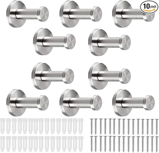 Bathroom Towel Hooks, 10 Pack Round Coat Hooks, Sturdy Wall Mounted Robe Hook, SUS 304 Stainless Steel Heavy Duty Clothes Hanger, Wall Towel Hooks for Bathroom Bedroom Kitchen(2 in, Brushed)