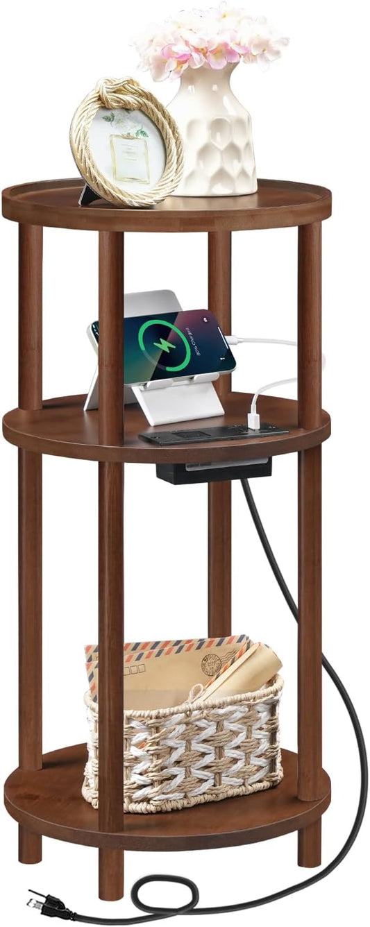 HOOBRO Small Round Side Table with Charging Station, 3-Tier Round Bamboo End Table, Compact Sofa Bedside Table for Small Space, Easy Assembly, for Living Room, Bedroom, Apartment, Mocha MA152UBZ01