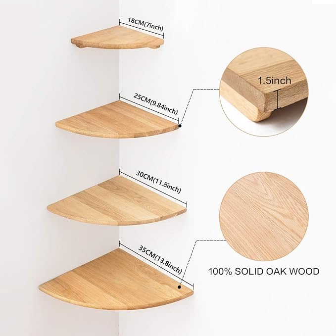 Corner Shelf Wall Mount, 12inch Oak Wood Floating Corner Shelf Round End Small Corner Nightstand Plant Shelf Wall Mount for Kitchen, Living Room, Bedroom-NeatNest
