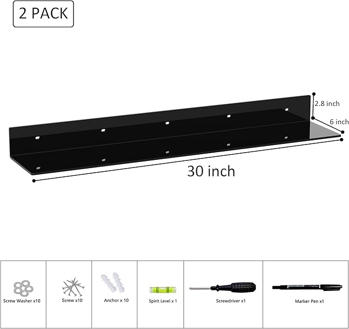 30 Inches Acrylic Long Wall Shelf Set of 2, Black Wall Mounted Acrylic Bathroom Storage Shelves Display Organizer, 2 Pack(30 Inch)-NeatNest