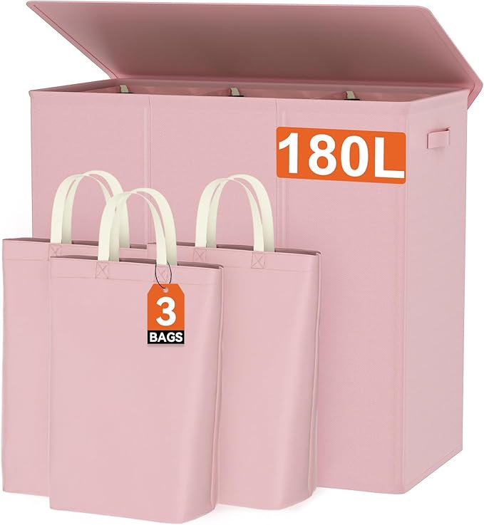 WOWLIVE 180L Laundry Hamper with Lid 3 Section,Large Laundry Basket with Removable Bags and Handles,Collapsible Dirty Clothes Hampers for Laundry,Laundry Basket Organizer for Laundry Room,Dorm,Pink-NeatNest