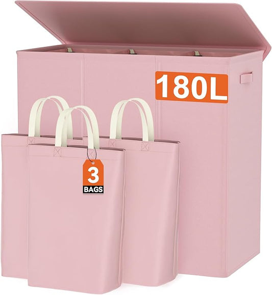 WOWLIVE 180L Laundry Hamper with Lid 3 Section,Large Laundry Basket with Removable Bags and Handles,Collapsible Dirty Clothes Hampers for Laundry,Laundry Basket Organizer for Laundry Room,Dorm,Pink-NeatNest