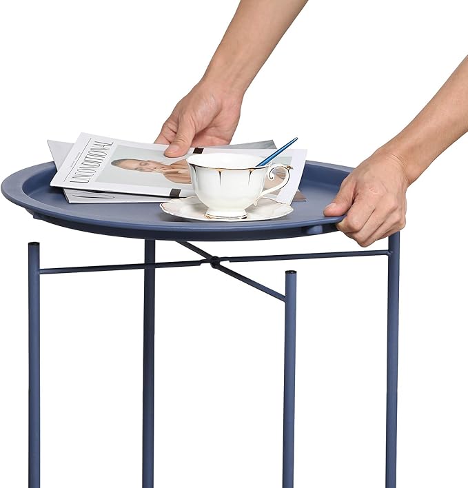 VECELO Side/End Table, Folding Round Metal Anti-Rust and Waterproof Outdoor or Indoor Tray for Living Room Bedroom Balcony and Office, 1 PCS, Blue