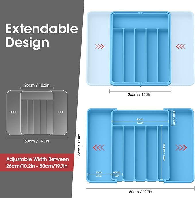 Aujen Silverware Organizer - Expandable Kitchen Drawer Organizer, Adjustable Utensil Organizer, Cutlery Tray for Forks, Knives, Multipurpose Kitchen Organizers and Storage Solution, Dark Blue, Large-NeatNest