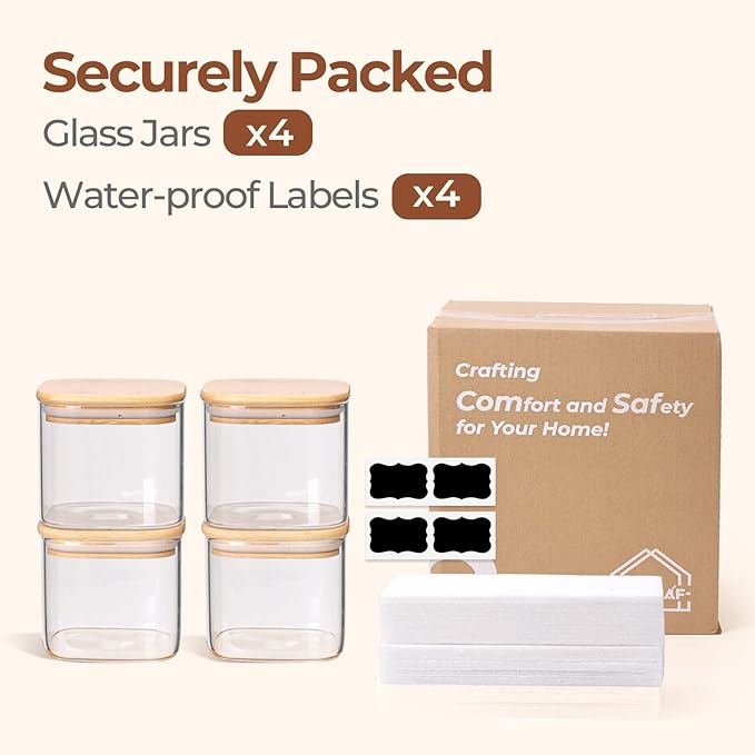 ComSaf 0.7 Qt Glass Food Storage Jars Set of 4, Clear Glass Storage Containers with Lids, Pantry Organization Jar, Spice Jar, Blooming Tea, Coffee and Sugar Container, Small Canister Set for Kitchen-NeatNest