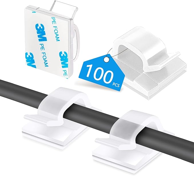 100PCS Cable Clips, Adhesive Wire Clips Organizer Cord Clips Management, Cable Staples Outdoor Strong for Wall, Desk, Christmas Lights, String Lights, TV PC Ethernet Cable, Clear Small-NeatNest