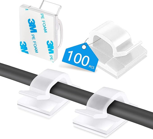 100PCS Cable Clips, Adhesive Wire Clips Organizer Cord Clips Management, Cable Staples Outdoor Strong for Wall, Desk, Christmas Lights, String Lights, TV PC Ethernet Cable, Clear Small-NeatNest