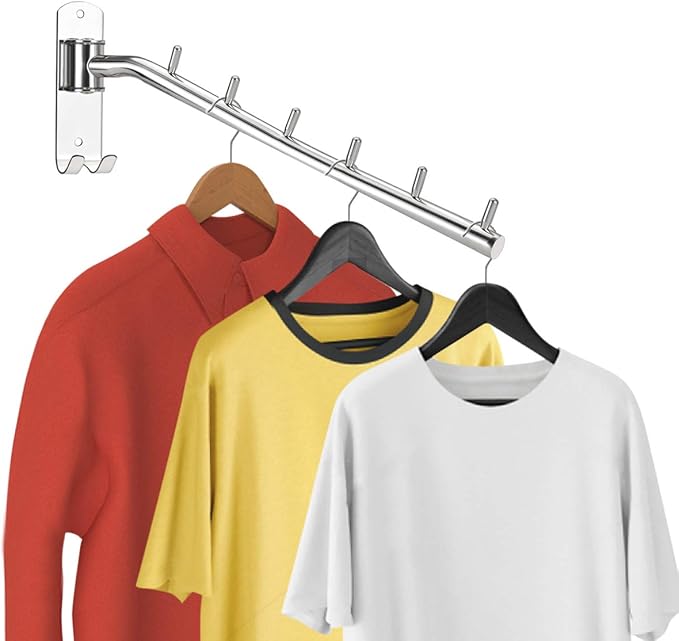 2-Pack Wall Mounted Folding Clothes Hanger Rack, Stainless Steel Clothes Hooks with Swing Arm Holder Space Saving Clothing Hanging System Closet Storage Organizer Heavy Duty Drying Rack