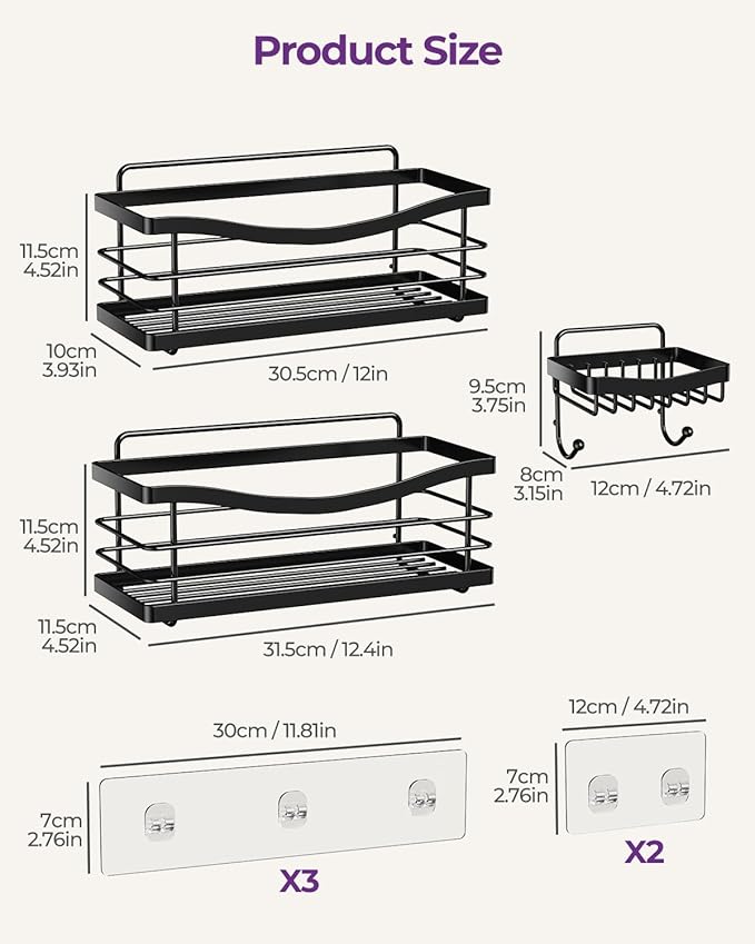 ODesign Shower Caddy 3 Pack-Shower Organizer Shelves Rack Rustproof SUS304 Stainless Steel for Bathroom Storage&Kitchen-No Drilling Adhesive Shower Caddy Shelf with 4 Hooks Suction Cup-Black