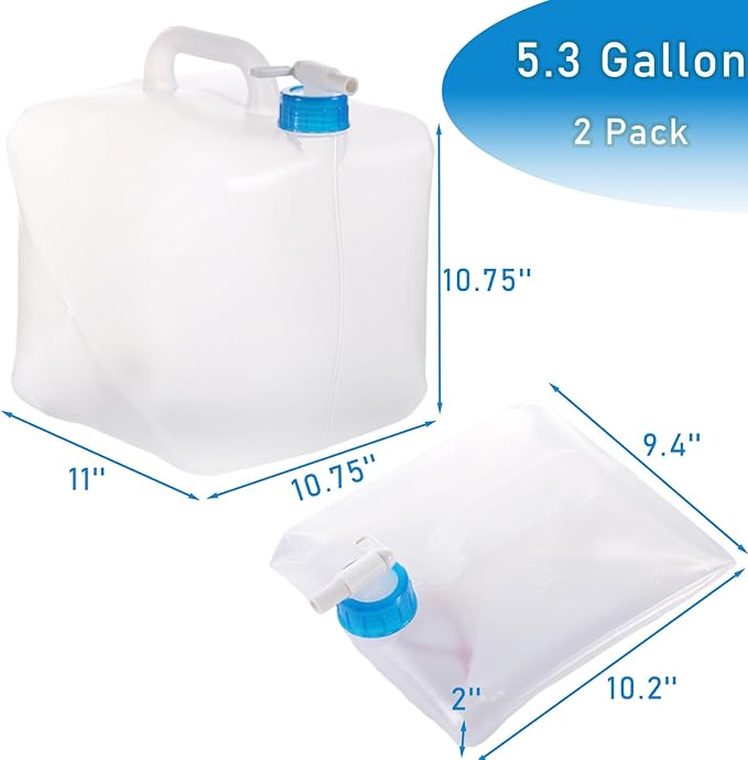 2 Pack 5.3 Gallon Collapsible Container with Spigot, Foldable Water Jug Portable Camping Water Storage Carrier Jug for Outdoors Hiking Backpack & Emergency, Food Safe