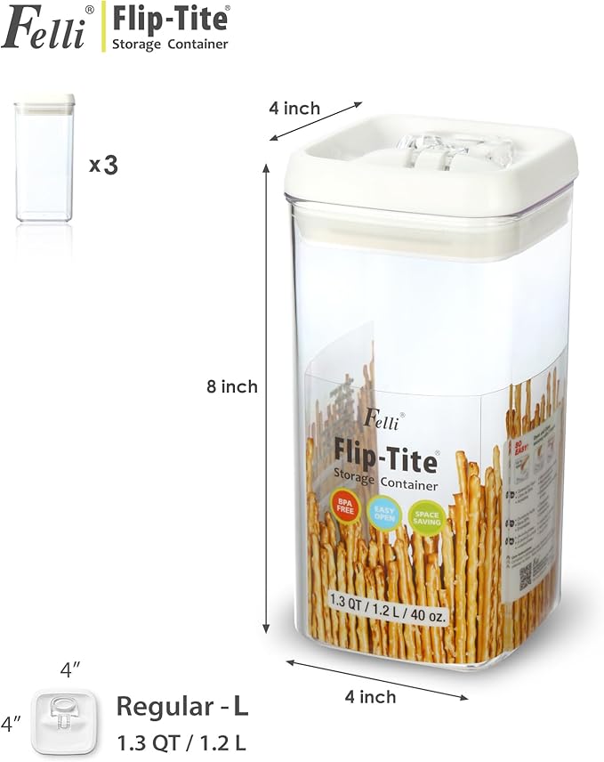 Felli Flip Tite Food Storage Container with Lid Airtight 4" Ring Seal Flip Top, Stackable Acrylic Canister Jar for Pantry Kitchen Counter, Snack Coffee Bean Granola Pet Treats Cracker Holder (1.3 qt)-NeatNest