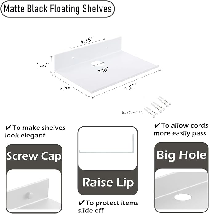 Small Floating Shelves, Adhesive Bluetooth Speaker Shelf, Renter Friendly Floating Corner Shelves with Cable Clip, Wall Mounted, Display Shelf for Smart Speaker, White, Aluminum, 8 inch, 2 Pack-NeatNest