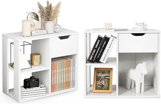 Giantex 3 Cube Bookcase with Drawer, 2 Tier Bookshelf for Small Space, Modern Freestanding Display Rack with Open Shelves, White Book Case, Wood Cube Storage Organizer Bedroom Living Room, 2 Pack
