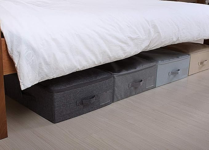 Folding Washable Rigid Underbed Storage Boxes with Zip Lid for Garment, Clothing, Blankets for Bedroom, College Dormroom, Wardrobe, Shelf Baskets, Pack of 3, Black Gray-NeatNest