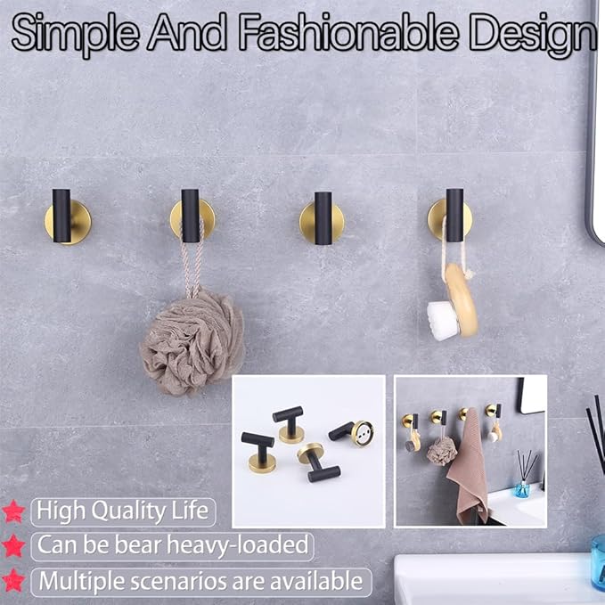 GERZWY Stainless Steel Towel Hook Robe Hook Coat Hook Heavy Duty Wall Mounted Luxury Hooks for Bathroom Hotel 4 Pack (Black & Gold) AG1307B-BD