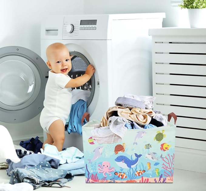 CLOCOR Rectangular Storage Basket,Collapsible Fabric Storage Container,Waterproof stoarge Bin with Handles,Gift Basket(Under The Sea)-NeatNest