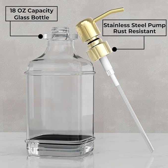 GLADPURE Soap Dispenser - 2 Pack, 18 Oz Antique Design Thick Glass Hand Soap Dispensers; with 304 Rust Proof Stainless Steel Pump, 6Pcs Clear Stickers, for Kitchen, Bathroom - Gold-NeatNest