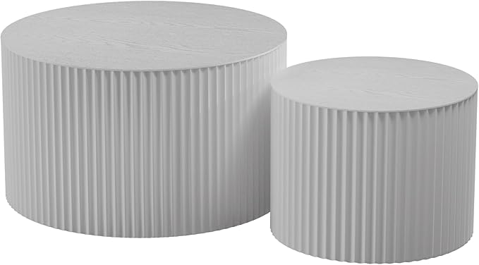 Round Nesting Coffee Table Set 2 Piece, Drum Modern DrumStackable Side Table for Living Room/Bedroom Small, Space-Saving Accent Furniture with Scratch-Resistant Design (B White 27.56 in)