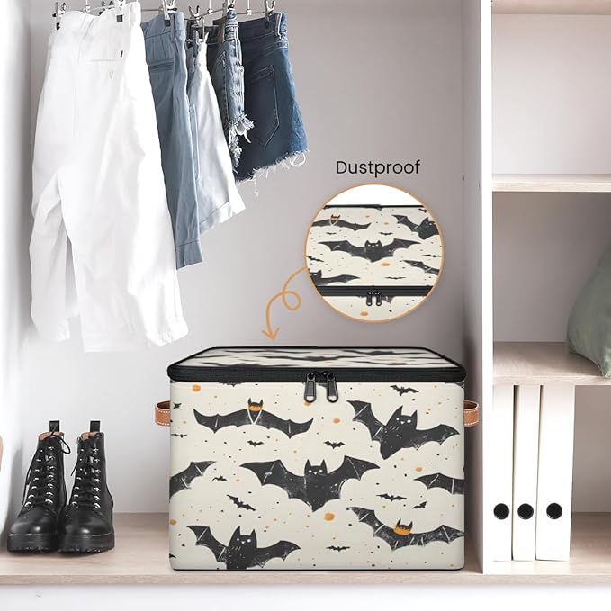 Halloween Theme Storage Bins with Lids, Bat Fabric Storage Boxes with Zipper, Collapsible Decorative Closet Organizer Cube for Clothes,Organizing, Shelves-NeatNest