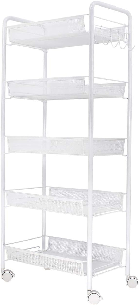 JANE EYRE 5-Tier Rolling Utility Storage Rack Cart on Wheels, Trolley Craft cart, Multi-Purpose Organizer Shelf, White-NeatNest