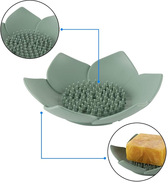 H&R 3 Pack Silicone Soap Holder, Bathroom Soap Tray with Drain, Lotus Shaped - Blue, Green, Grey-NeatNest