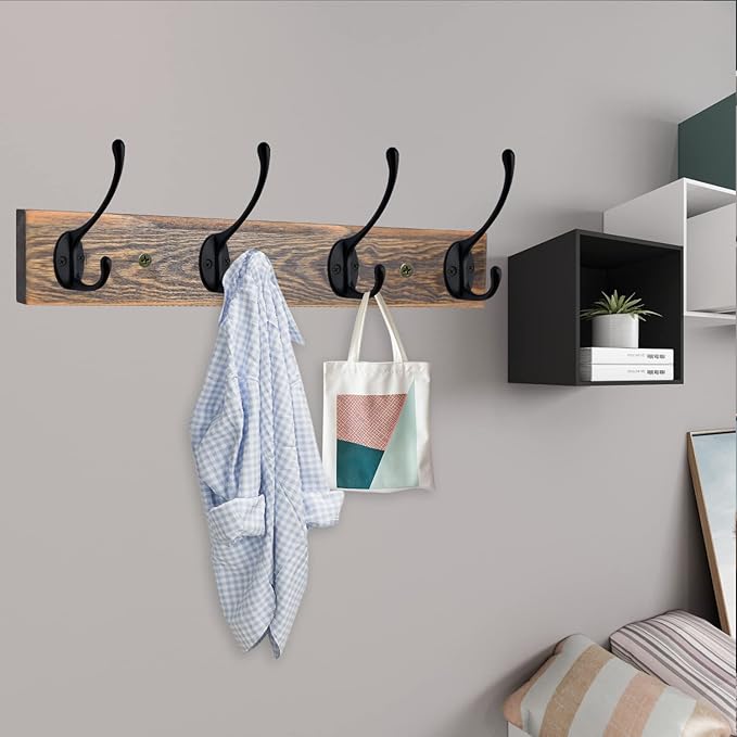 IBosins Wall Mounted Coat Rack, 2 Pack Metal Wood Coat Rack with 8 Black Rustic Hooks for Scarf, Bag, Towel, Key, Cap, Cup, Hat-NeatNest