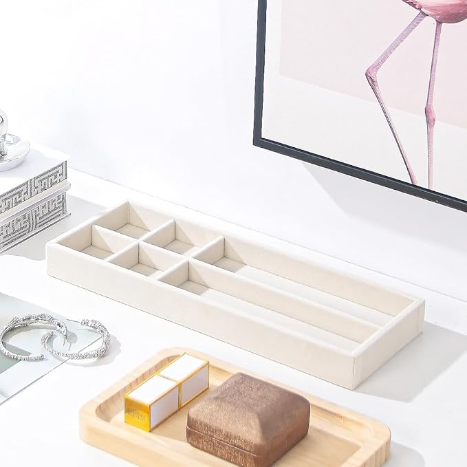 2Pcs Desk Drawer Storage Tray, Nightstand Organizer, Necklace Bracelet Ring Earring Jewelry Display, Grid Table Organizer Holder for Sunglass, Phone, Watch, Perfume (6 grid)/Beige-NeatNest