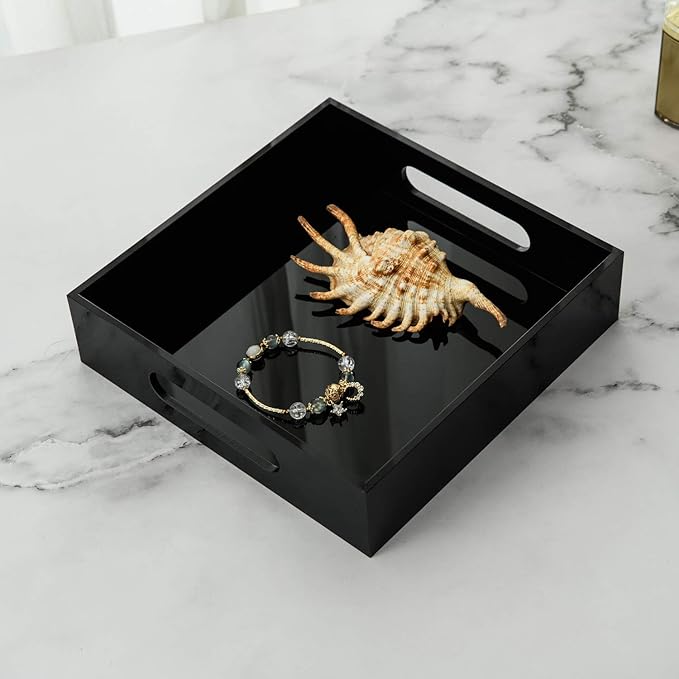 Black Sturdy Acrylic Tray with Handles-8x8 Inch- Countertop Organizer Tray for Kitchen,Bathroom,Office- Storage Box for Cosmetics, Jewelry,Toiletries,Toy,Gadgets-NeatNest