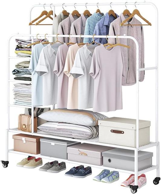 Garment Rack for Hanging Clothes Rack Heavy Duty Portable with Bottom Metal Shelf Drying Coats Shirt,Black (White+Double Rods+Shelf)-NeatNest