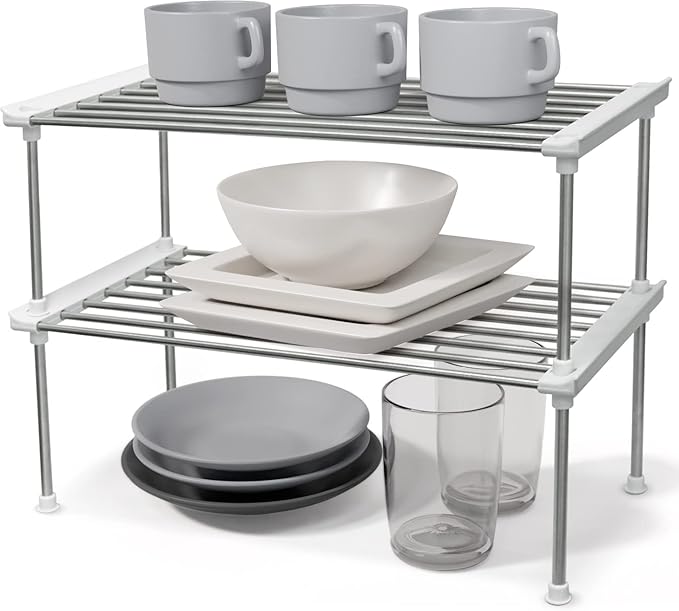 carrotez Cabinet Organizer Shelf, Set of 2 Stackable Kitchen Counter Shelves, Kitchen Cabinet Organizers and Storage, Pantry Storage Shelf Organizer, 15.7 x 7.8 x 6.1 - White-NeatNest