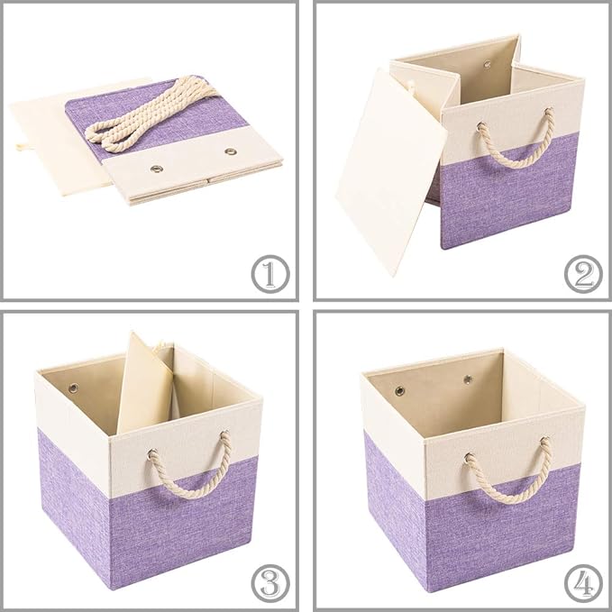 PRANDOM Large Foldable Cube Storage Bins 13x13 inch [2-Pack] Fabric Linen Storage Baskets Cubes Drawer with Cotton Handles Organizer for Shelves Nursery Closet Bedroom Purple-NeatNest