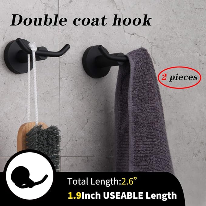 GERZ Bathroom Matte Black Coat Hook SUS 304 Stainless Steel Double Towel/Robe Clothes Hook for Bath Kitchen Modern Hotel Style Wall Mounted 2 Pack AG61908-2BK