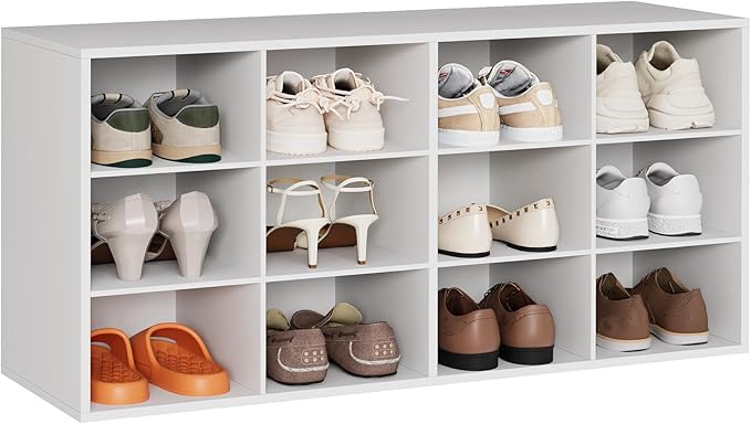 12-Cubby Shoe Rack, 3-Tier Wood Shoe Organizer, Multifunctional Shoe Organizer Bench for Entryway, Mudroom, Hallway, Closet,36.22 * 11.81 * 17.72 Inch,White-NeatNest