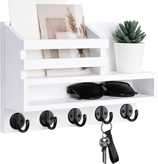 Key and Mail Holder Wall Mount, Key Hanger with Long Storage Box and 5 Hooks for Coat, Dog Leash, Home Decor Rack, House Accessories, Entry Way Organizer 11.8”W x 7.8”H x 3.2”D