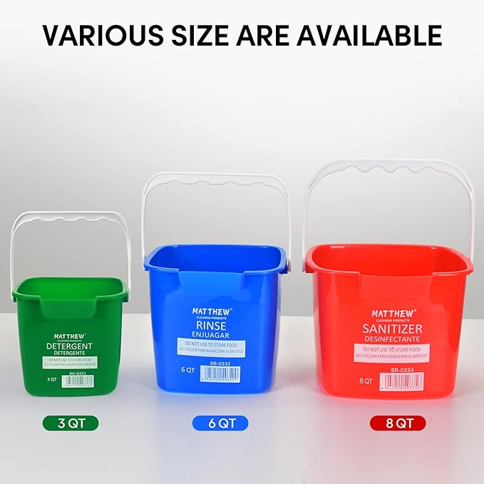 Matthew Red&Green&Blue Detergent and Sanitizing Cleaning Bucket 6 Quart Cleaning Pail,Set of 3 Square Containers,Built-In Spout w/Handle,Wash Rinse Sanitize Handwash Bucket,Incl.3Pcs Microfiber Cloths